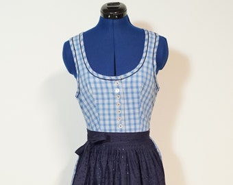 Dirndl avec tablier, dirndl à carreaux bleu blanc avec tablier bleu, fermeture à bouton à l’avant