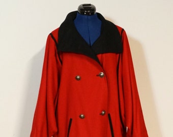 Manteau Loden rouge noir, manteau long confortable pour femme, double boutonnage avec manches chauve-souris