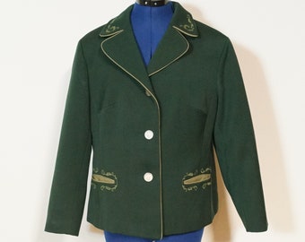Veste traditionnelle en laine, blazer vert traditionnel avec col et broderie