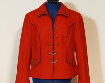 Veste loden traditionnelle, veste loden rouge avec broderie verte, Lodenjanker