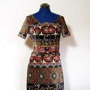 Dirndl two piece dress, tapestry fabric, maxi skirt and short sleeve bodice, velvet suit dress, 70s costume image 1