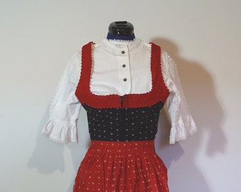 Dirndl with apron, black red traditional dress with floral pattern, XS Dirndl