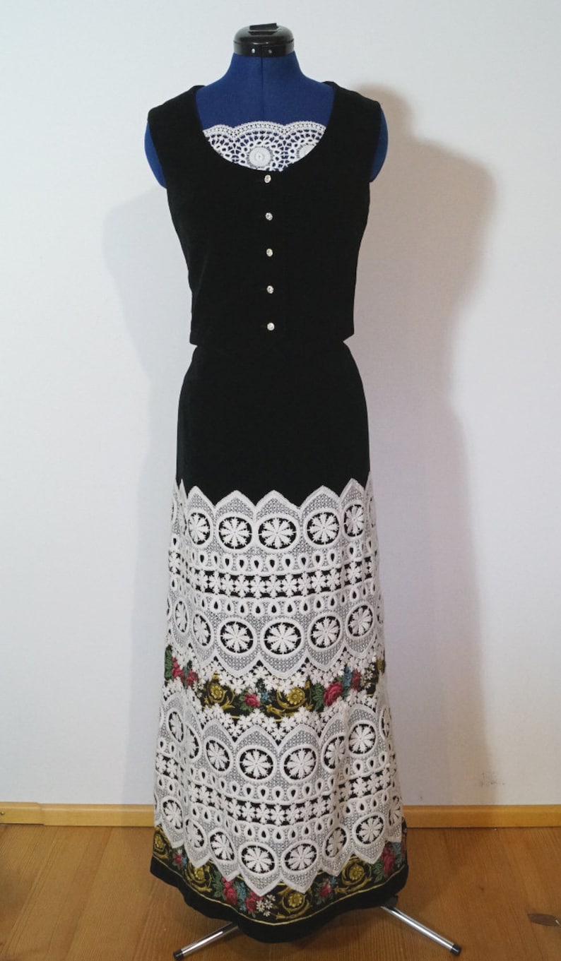 Dirndl dress with lace, velvet dress with lace and trim embellishment, black coloured skirt and bolero bodice image 1