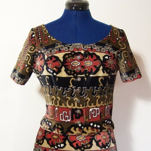 Dirndl two piece dress, tapestry fabric, maxi skirt and short sleeve bodice, velvet suit dress, 70s costume image 3