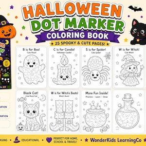 May include: A Halloween dot marker coloring book featuring 25 pages with black and white illustrations of ghosts, spiders, witches, owls, cats, and pumpkins. The cover displays a pumpkin, and the interior pages include dot-based activities.