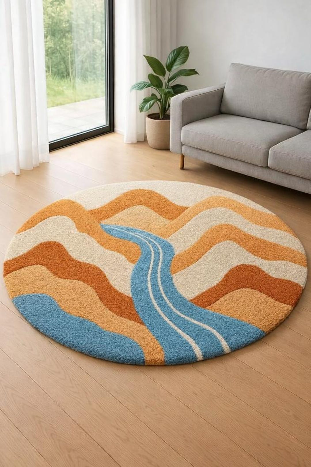 Round Abstract River Rug, Hand Tufted Wool Area Rug, Modern Boho Carpet ...