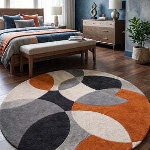 Hand Tufted Wool Round Rug, Modern Geometric Abstract Carpet, Rust Orange Grey Ivory