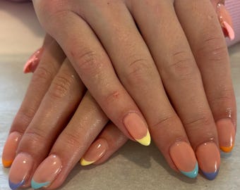 Puntas francesas coloridas hechas a mano, primaverales, uñas de gel-x, puntas francesas pastel, coloridas, punta francesa