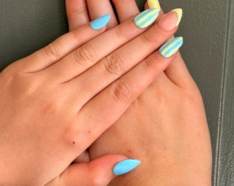 hand made spring nails, blue and yellow stripes and french tips