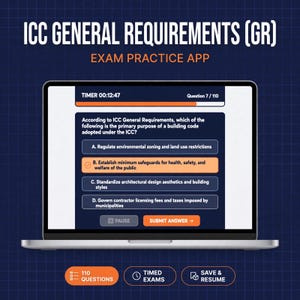 Op de afbeelding: Een laptopscherm toont een ICC General Requirements examen-oefenapp. De interface toont een meerkeuzevraag over bouwvoorschriften met een timer op 00:12:47 en de voortgangsindicator op vraag 7 van 110, waarbij optie B is geselecteerd.