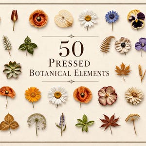 Peut inclure: Une collection de 50 éléments botaniques pressés disposés en grille sur un fond clair. L'ensemble comprend diverses fleurs séchées, feuilles, fougères et têtes de graines dans des tons de jaune, orange, violet, blanc et vert, avec le texte 50 PRESSED BOTANICAL ELEMENTS centré au milieu.