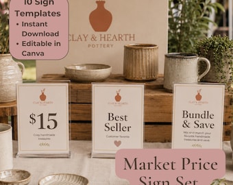 Puede incluir: Un conjunto de tres soportes de acrílico transparente para letreros con tarjetas impresas que muestran el logotipo de Clay & Hearth Pottery. Los letreros incluyen texto como $15, Best Seller y Bundle & Save, junto a cuencos y tazas de cerámica.