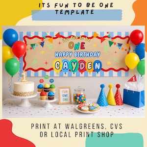 Op de afbeelding: Een verjaardagsfeest achtergrondsjabloon met de tekst 'ITS FUN TO BE ONE TEMPLATE' en 'IT'S FUN TO BE ONE HAPPY BIRTHDAY CAYDEN', inclusief kleurrijke ballonnen, vlaggetjes, een taart, cupcakes, feesthoedjes en een pot met snoep.