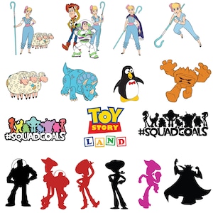 May include: A collection of Toy Story character illustrations including Bo Peep, Woody, Buzz Lightyear, sheep, a triceratops, a penguin, and a rock monster. Includes the Toy Story Land logo and silhouettes of characters with the text #SQUADGOALS.