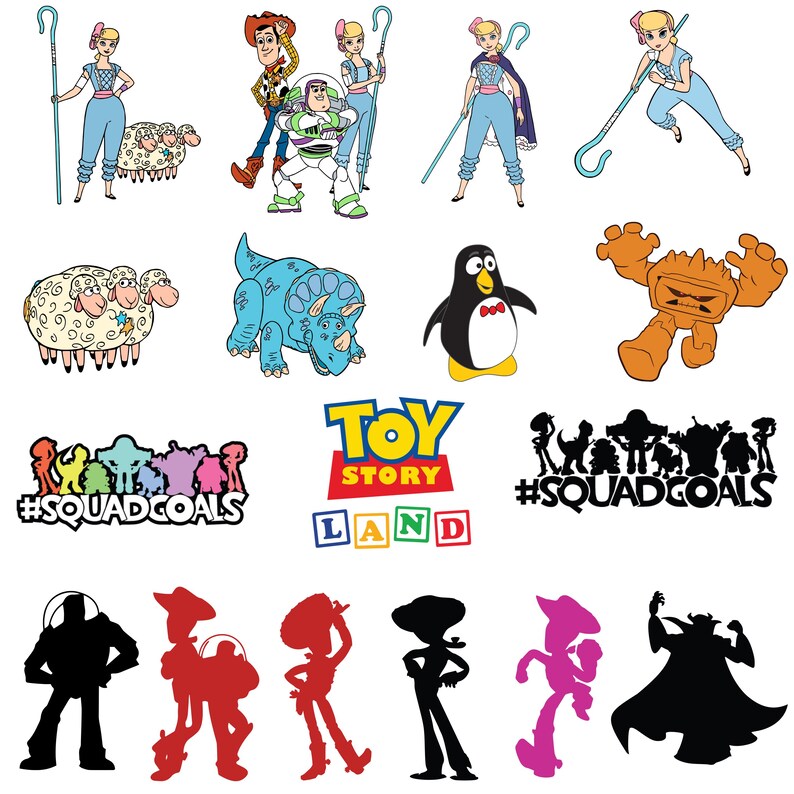 May include: A collection of Toy Story character illustrations including Bo Peep, Woody, Buzz Lightyear, sheep, a triceratops, a penguin, and a rock monster. Includes the Toy Story Land logo and silhouettes of characters with the text #SQUADGOALS.