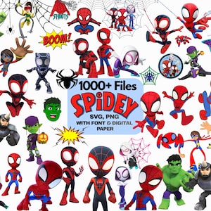 May include: A digital graphic collection featuring Spidey characters, including Spider-Man and Hulk. The images are in bright colours and include the text "1000+ Files Spidey SVG, PNG with Font & Digital Paper."