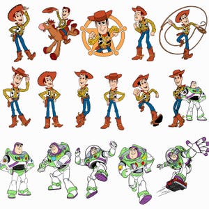 May include: A collection of digital illustrations featuring Woody, a cowboy character in a yellow shirt, cow-print vest, blue jeans, and brown hat, and Buzz Lightyear, a space ranger in a white, green, and purple suit, in various poses.