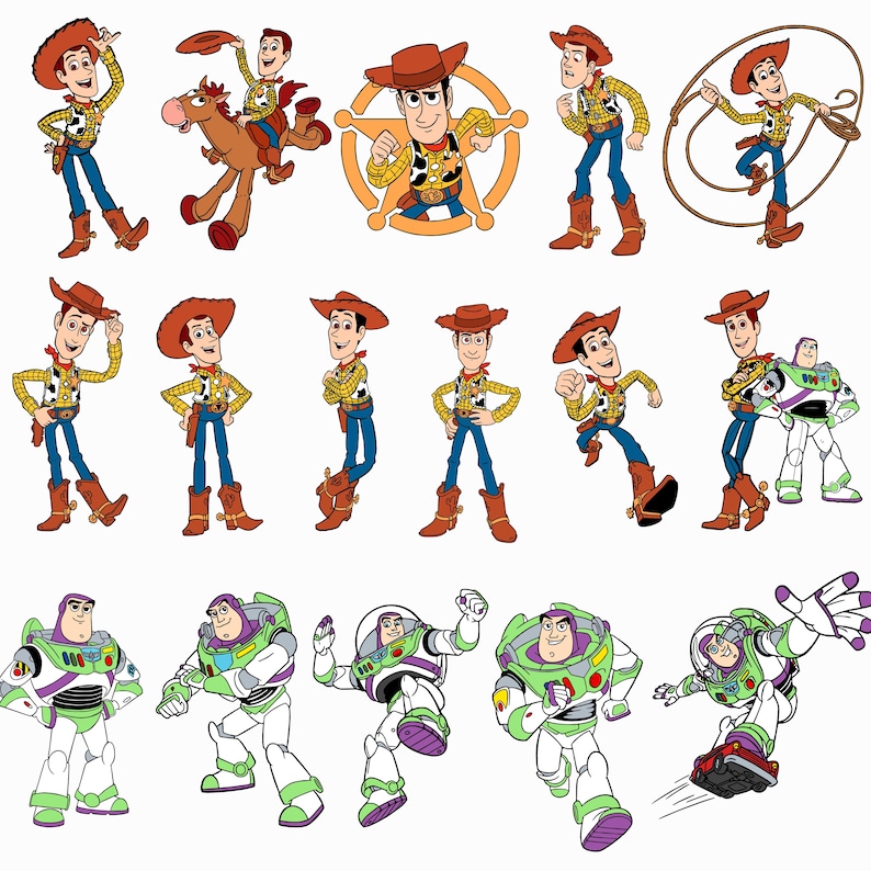 May include: A collection of digital illustrations featuring Woody, a cowboy character in a yellow shirt, cow-print vest, blue jeans, and brown hat, and Buzz Lightyear, a space ranger in a white, green, and purple suit, in various poses.