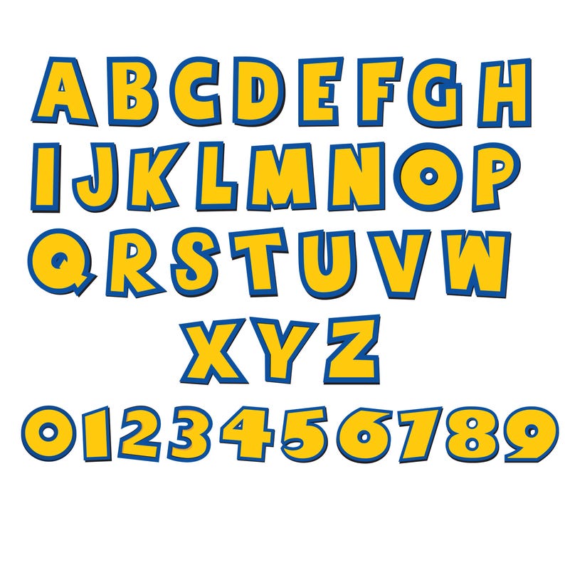 May include: A complete set of uppercase English alphabet letters from A to Z and numerical digits from 0 to 9. Each character is rendered in a bold, yellow font with a distinct blue outline, featuring a playful, blocky, and slightly uneven style.
