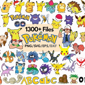 May include: A collection of colorful Pokémon character graphics, including Pikachu, Bulbasaur, and Charizard. The image includes the text "1300+ Files" and "Pokémon PNG/SVG/EPS/DXF". Also includes the numbers 0123 and the letters ABCabc.