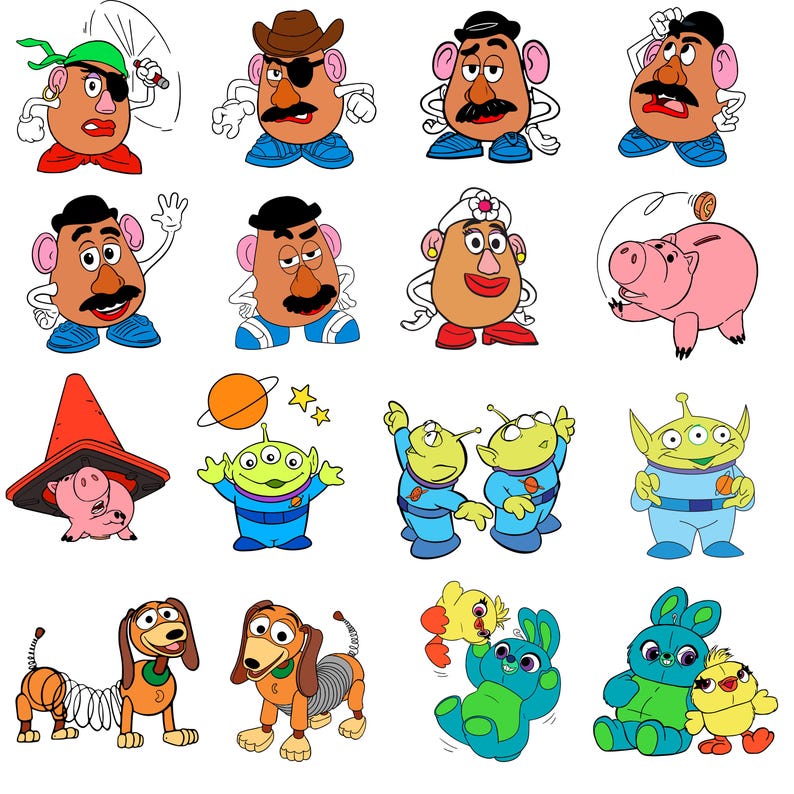 May include: A collection of sixteen colorful cartoon illustrations featuring Mr. and Mrs. Potato Head characters, a pink piggy bank, green three-eyed aliens in blue space suits, a brown dachshund spring toy, and a blue bunny with a yellow chick.