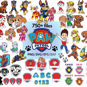 May include: A digital collection of Paw Patrol character illustrations, logos, and badges. The image features various pups, the Paw Patrol shield logo, text reading 750+ files, PNG/SVG/EPS/DXF, and alphabet and number sets in a colorful, cartoon style.