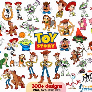 May include: A collection of Toy Story character illustrations including Woody, Buzz Lightyear, Jessie, Rex, Slinky Dog, Mr. Potato Head, and the Aliens. The image features the Toy Story logo, various birthday greetings, and the text 300+ designs PNG, SVG, DXF, EPS.