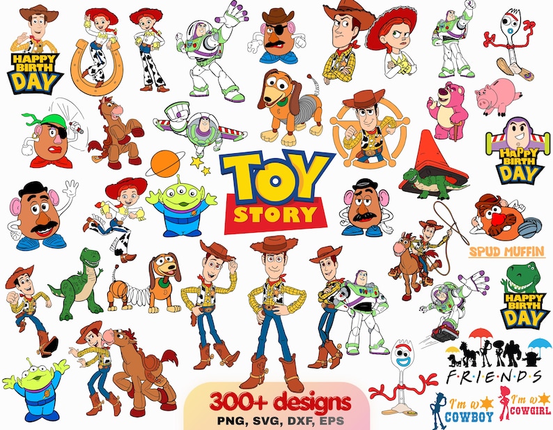 May include: A collection of Toy Story character illustrations including Woody, Buzz Lightyear, Jessie, Rex, Slinky Dog, Mr. Potato Head, and the Aliens. The image features the Toy Story logo, various birthday greetings, and the text 300+ designs PNG, SVG, DXF, EPS.