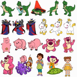May include: A collection of cartoon character illustrations featuring green dinosaurs, a dark armored villain, white unicorns, pink pigs, a pink bear, a purple octopus, a brown dog, a girl with a backpack, a doll, and a girl in a yellow dress.