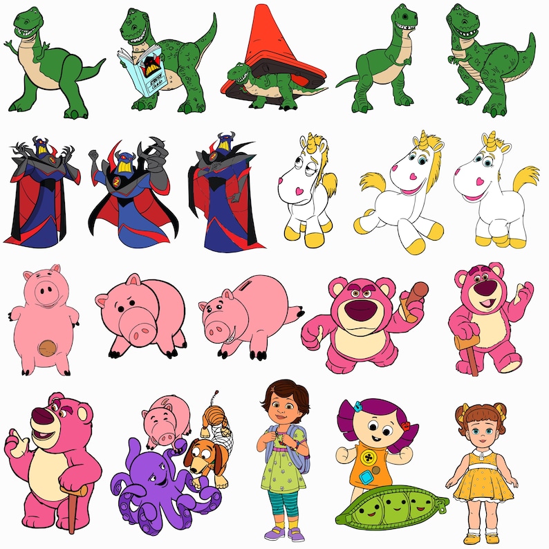 May include: A collection of cartoon character illustrations featuring green dinosaurs, a dark armored villain, white unicorns, pink pigs, a pink bear, a purple octopus, a brown dog, a girl with a backpack, a doll, and a girl in a yellow dress.