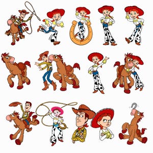 May include: A collection of cartoon illustrations featuring a cowboy in a yellow shirt and brown hat, a cowgirl with red hair and a red hat, and a brown horse. The characters are shown in various poses, including riding the horse, using a lasso, and standing.