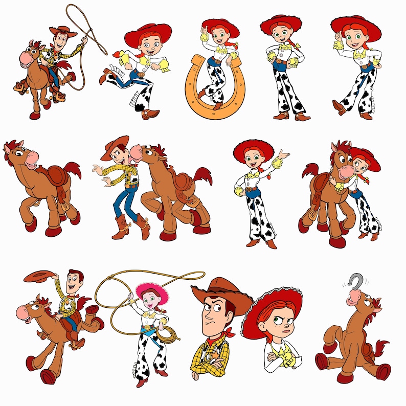 May include: A collection of cartoon illustrations featuring a cowboy in a yellow shirt and brown hat, a cowgirl with red hair and a red hat, and a brown horse. The characters are shown in various poses, including riding the horse, using a lasso, and standing.