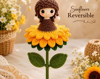 Crochet Reversible Sunflower Doll Pattern PDF | Amigurumi Flower Girl Crochet Pattern | Cute Sunflower Plush | DIY Crochet Gift