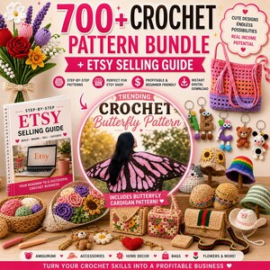 Puede incluir: Imagen promocional de un paquete de patrones de ganchillo, que presenta varios artículos de ganchillo como bolsos, sombreros y llaveros. La imagen incluye el texto "700+ Crochet Pattern Bundle + Etsy Selling Guide" y "Trending Crochet Butterfly Pattern".