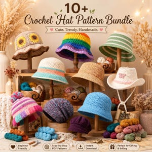 Bundel met 10 haakpatronen voor mutsen (PDF), inclusief haakpatronen voor beanie, bucket hat en zonnehoed. Geschikt voor beginners. Inclusief haakpatroon voor een zonnebloemmuts.