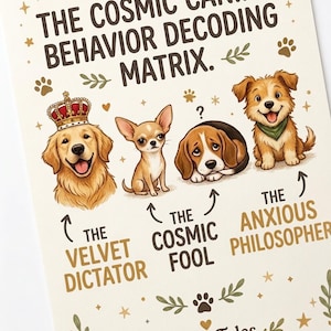 May include: A charming illustration depicting four cartoon dogs, each embodying a distinct personality: The Velvet Dictator, The Cosmic Fool, and The Anxious Philosopher. The text reads "The Cosmic Canine Behavior Decoding Matrix." The Tails & Tales logo is at the bottom.