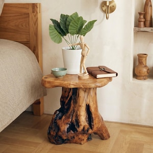 Cedar Root Stump Stool Live Edge Wood Side Table Plant Stand