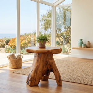 May include: A natural wood side table crafted from a single tree stump with a smooth, circular top and a sturdy, organic base. A small green fern in a terracotta pot sits centered on the table, showcasing the wood's rich grain and texture.