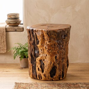 May include: A cylindrical side table crafted from a solid tree stump with a natural finish. The wood features a rich brown color, visible grain patterns, and deep, textured knots and crevices along the exterior surface of the trunk.