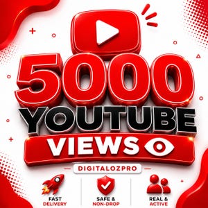 Könnte beinhalten: Ein Grafikdesign mit dem fetten roten Text 5000 YOUTUBE VIEWS und einem YouTube-Wiedergabe-Button-Symbol. Darunter steht der Text DIGITALOZPRO, begleitet von Symbolen einer Rakete, eines Schildes mit Häkchen und drei roten Figuren, mit den Beschriftungen FAST DELIVERY, SAFE & NON-DROP und REAL & ACTIVE.