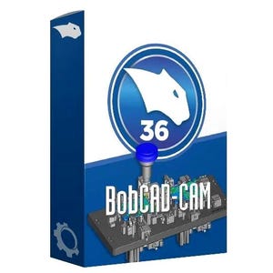 Pode incluir: Uma caixa de software para BobCAD-CAM 36 com um esquema de cores azul e branco. O design inclui um logótipo de cabeça de pantera branca dentro de um círculo azul, o número 36 e um gráfico de um componente mecânico a ser maquinado.