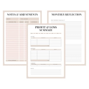 Pode incluir: Um conjunto de três folhas de planejamento financeiro bege e branco. As folhas incluem seções para notas, ajustes, reflexão mensal e um resumo de lucros e perdas. O texto nas folhas inclui "Notes & Adjustments", "Monthly Reflection" e "Profit & Loss Summary".