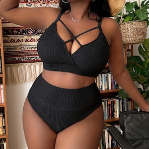 Plus Size Ribbed Bikini Set, Crisscross Cami Top High Waist Bottom, Tummy Control Swimwear for Curvy Women