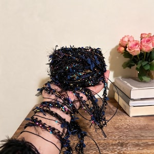 Navy Blue Sparkle Hand Blended Yarn, Shiny Fuzzy Crochet Thread