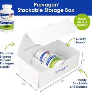 May include: A white Prevagen stackable storage box with a hinged lid, measuring 7.5 inches by 4.5 inches by 3 inches. The box contains one bottle of Prevagen Regular Strength dietary supplement. The exterior features the Prevagen logo in blue text.