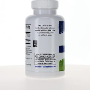 May include: A white plastic supplement bottle with a screw-top lid. The label features black text including INSTRUCTIONS: For best results, take just ONE CAPSULE PER DAY, in the morning, with or without food, and a phone number 888.565.5385.