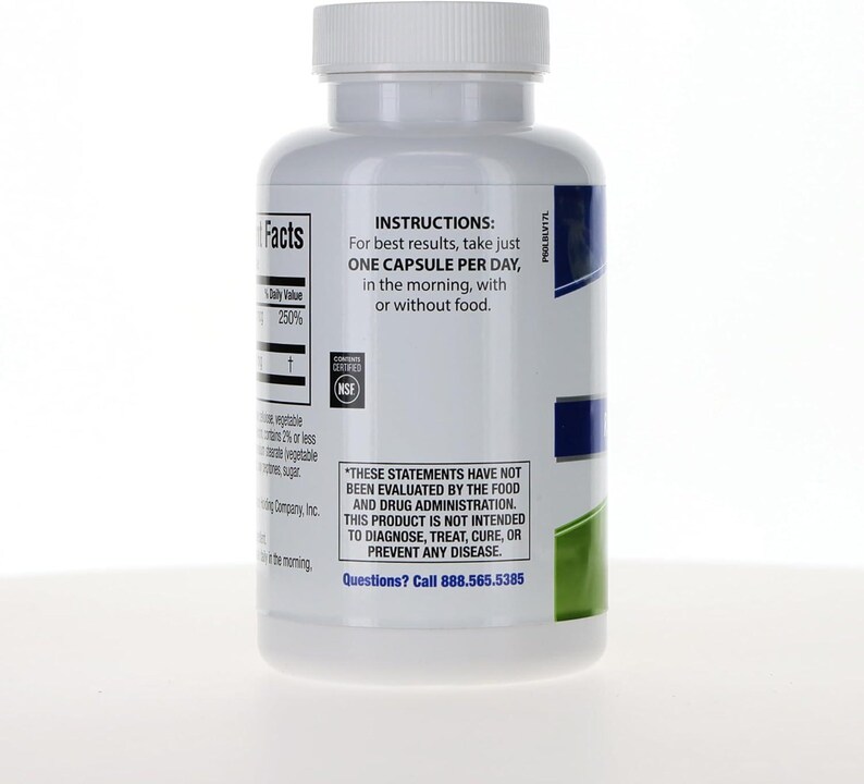 May include: A white plastic supplement bottle with a screw-top lid. The label features black text including INSTRUCTIONS: For best results, take just ONE CAPSULE PER DAY, in the morning, with or without food, and a phone number 888.565.5385.
