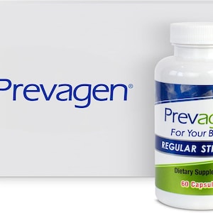 May include: A white plastic bottle of Prevagen Regular Strength dietary supplement with a white cap, featuring a blue and green label that reads Prevagen For Your Brain, 60 Capsules, and 60 Day Supply, positioned in front of a white box with Prevagen text.