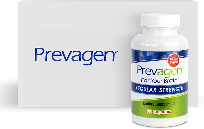 May include: A white plastic bottle of Prevagen Regular Strength dietary supplement with a white cap, featuring a blue and green label that reads Prevagen For Your Brain, 60 Capsules, and 60 Day Supply, positioned in front of a white box with Prevagen text.