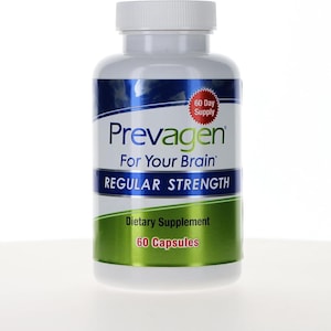 May include: A white plastic bottle of Prevagen dietary supplement capsules with a white screw-top lid. The label features blue and green accents, with text reading Prevagen For Your Brain, Regular Strength, 60 Day Supply, and 60 Capsules.